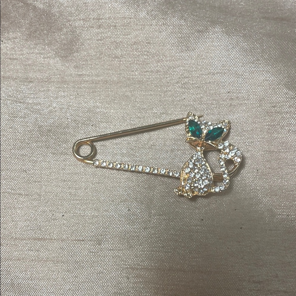 Gold and Silver Cat Brooch with Green Accents